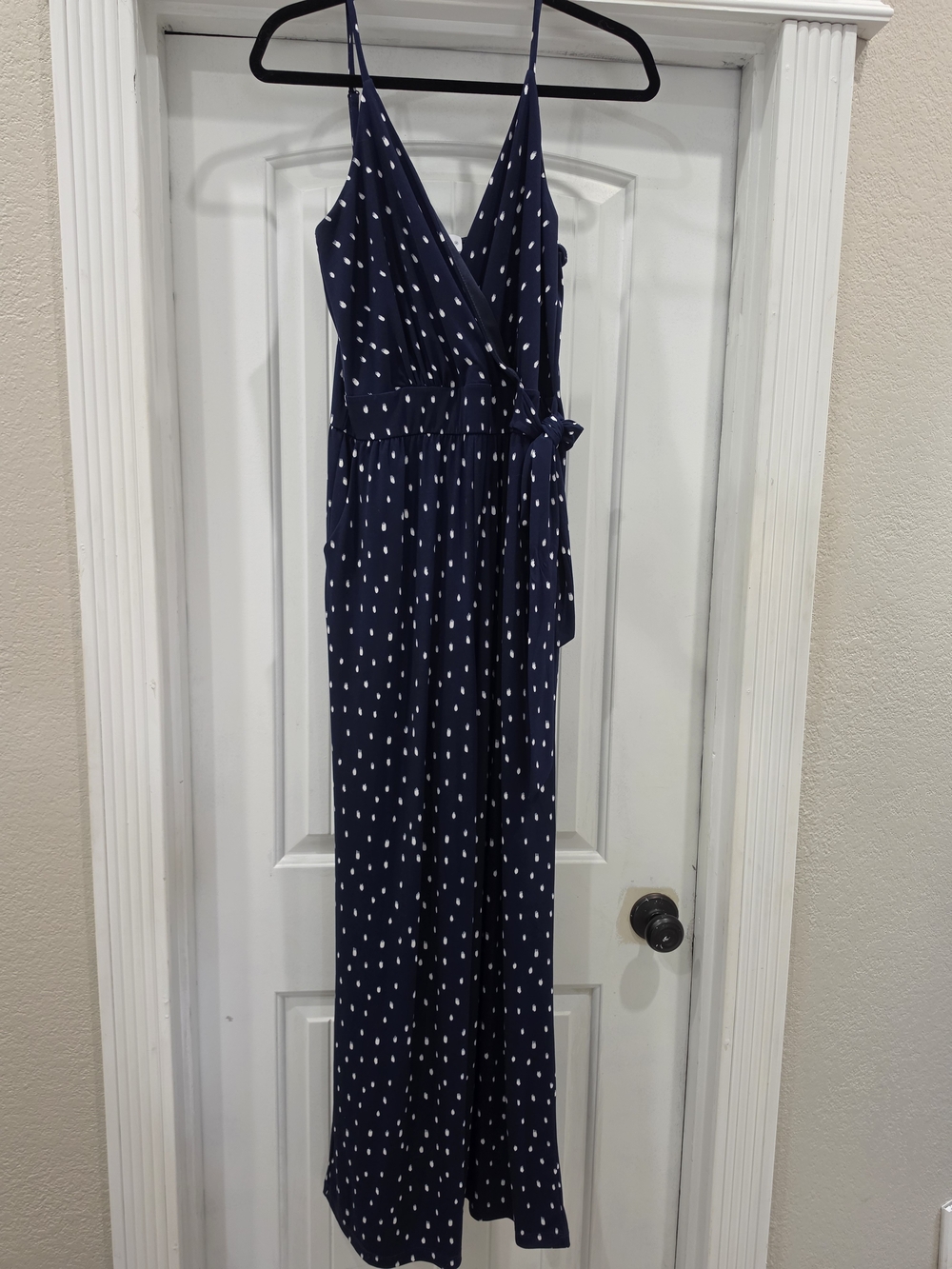 Kaileigh Navy White Dot Rochelle Knit Jumpsuit Belted Wide-Leg Size M